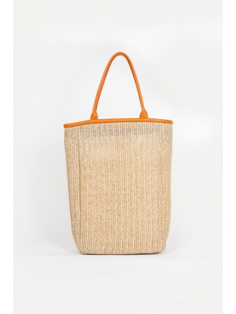 Large straw and orange leather tote bag