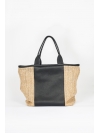Large black leather and straw shopper bag