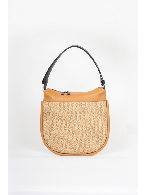 Straw and tabac leather round shoulder bag