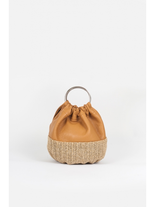 Tabac leather and straw round top-handle bag