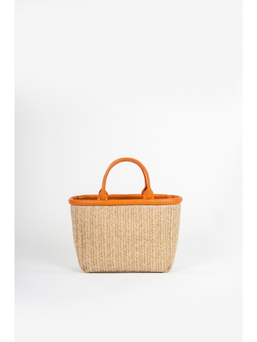 Straw and orange leather top handle bag