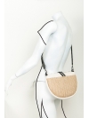 Straw and beige leather half-moon shoulder bag
