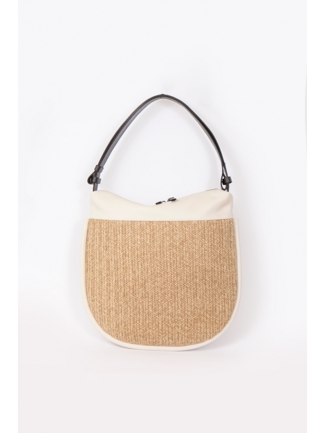 Straw and beige leather round shoulder bag