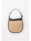 Straw and black leather round shoulder bag