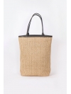 Large straw and black leather tote bag