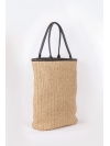 Large straw and black leather tote bag