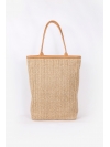 Large straw and light tabac leather tote bag