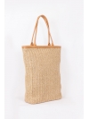 Large straw and light tabac leather tote bag