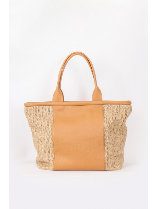 Large light tabc leather and straw shopper bag