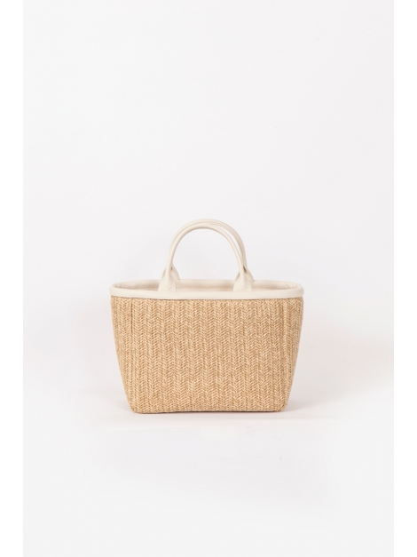 Straw and beige leather top handle bag