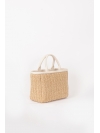 Straw and beige leather top handle bag