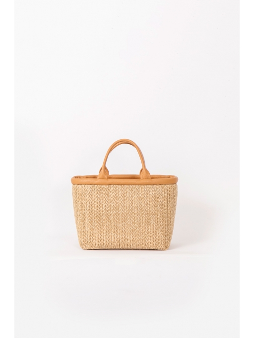 Straw and light tabac leather top handle bag
