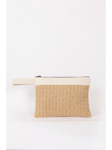 Straw and beige leather wrist bag