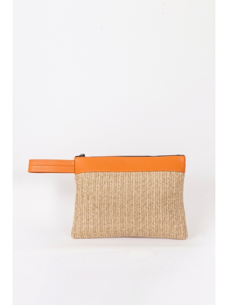 Straw and orange leather wrist bag