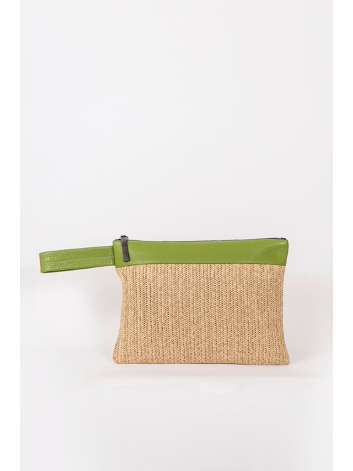 Straw and green leather wrist bag