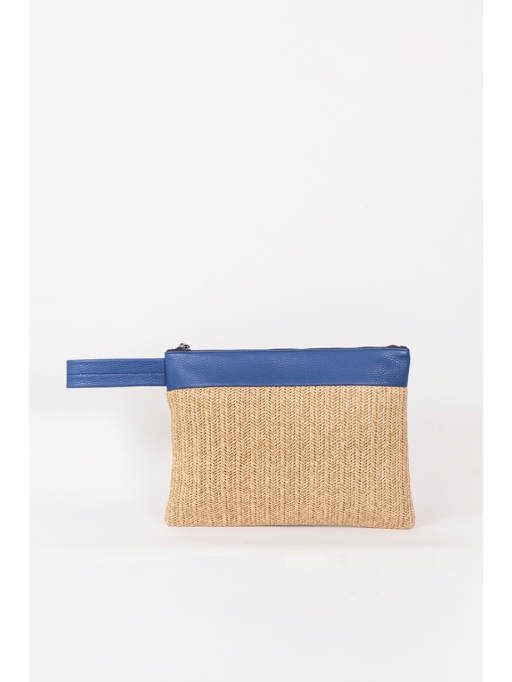 Straw and lapis blue leather wrist bag