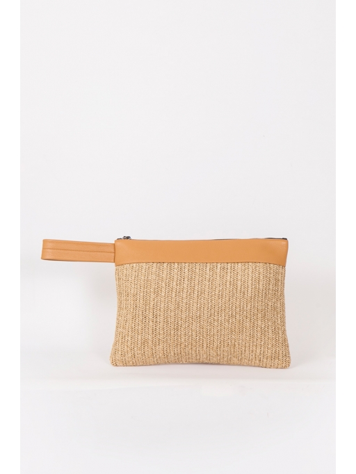 Straw and light tabac leather wrist bag