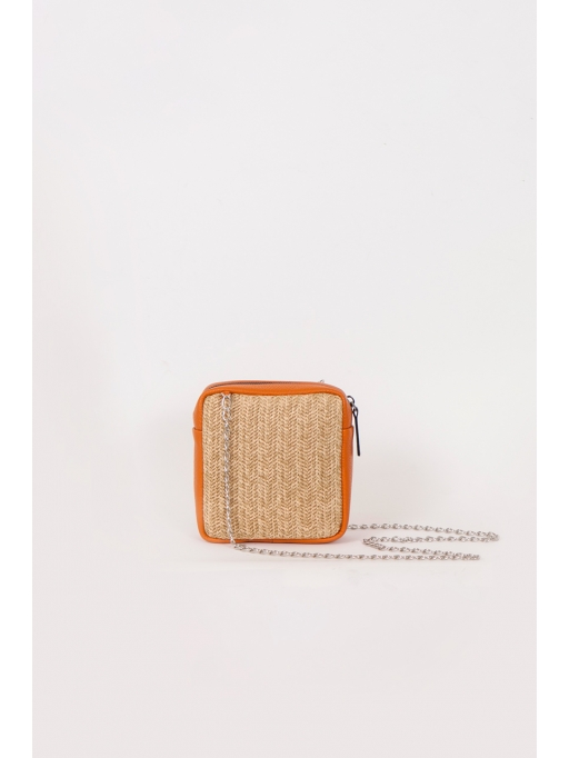 Straw and orange leather camera shoulder bag