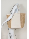 Large beige leather and straw shopper bag