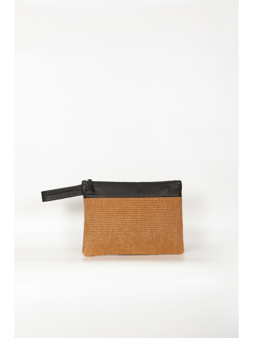 Black leather-straw wrist bag