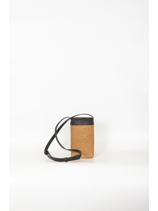 Black leather-straw mini bag