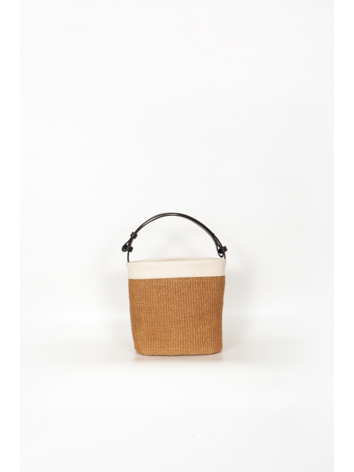 Beige leather-straw bucket bag