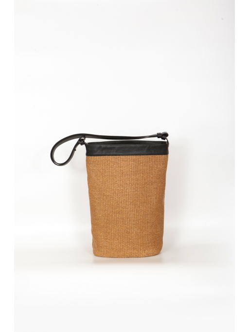 Black leather-straw tote bag
