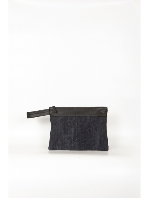 Black leather-denim wrist bag