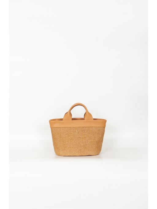 Light tabac leather-straw handbag