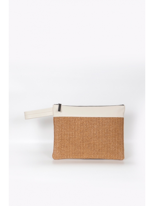 Beige leather-straw wrist bag
