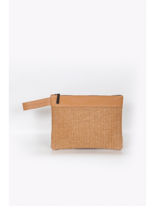 Light tabac leather-straw wrist bag