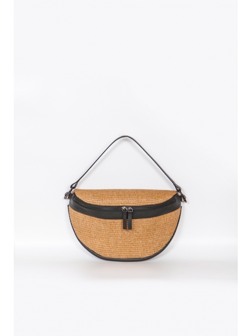 Black leather-straw fanny pack bag