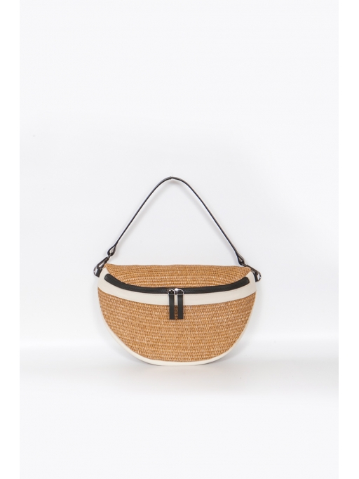 Beige leather-straw fanny pack bag