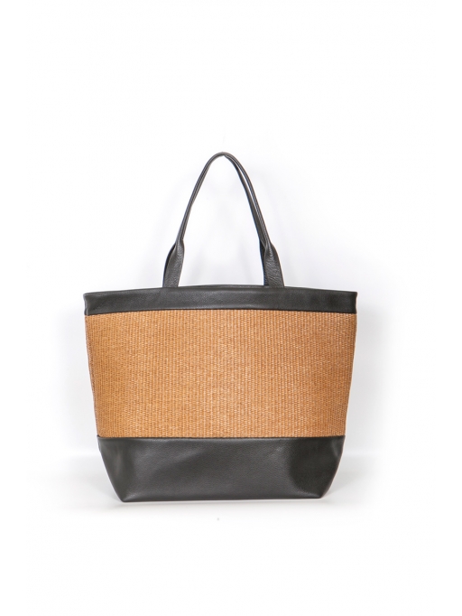 Black leather-straw shopper bag